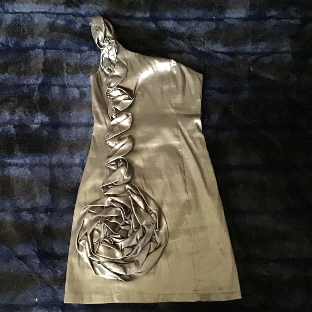 GMG asymmetrical silver party dress.